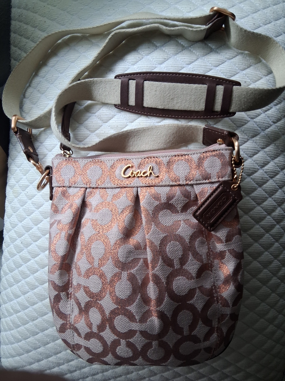 Coach Rose Gold & Beige Signature Jacquard Crossbody